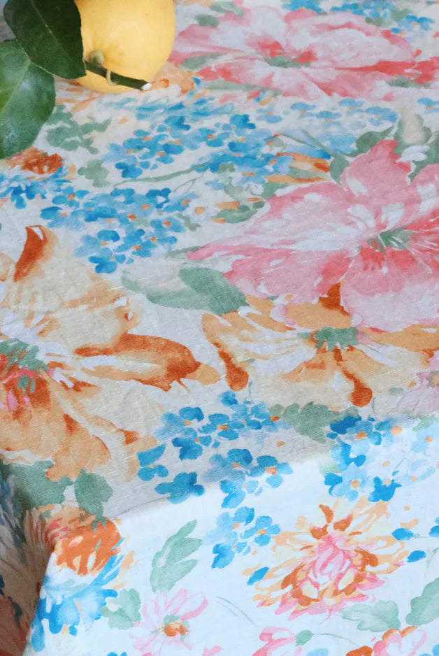 byTiMo Table Cloth Linen 140x300cm Pink Floral - hvittrad.no