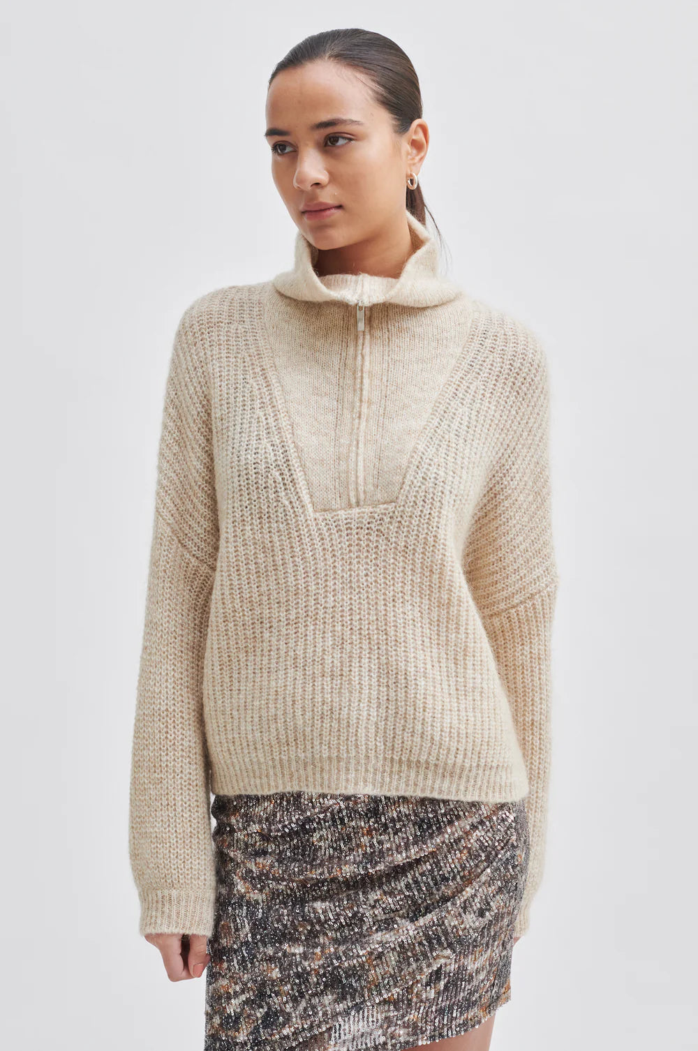 Second Female Lusinda Knit T-Neck Zip Moonbeam - hvittrad.no