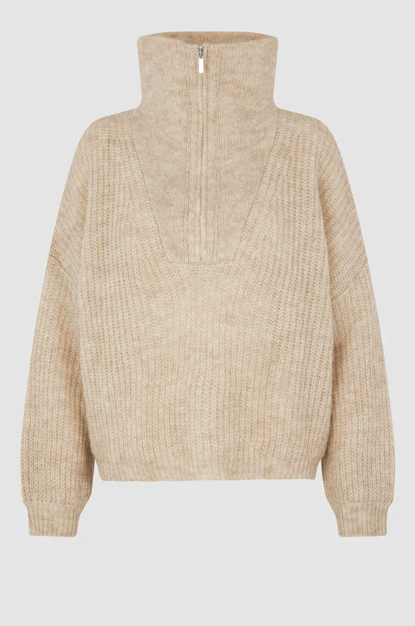 Second Female Lusinda Knit T-Neck Zip Moonbeam - hvittrad.no