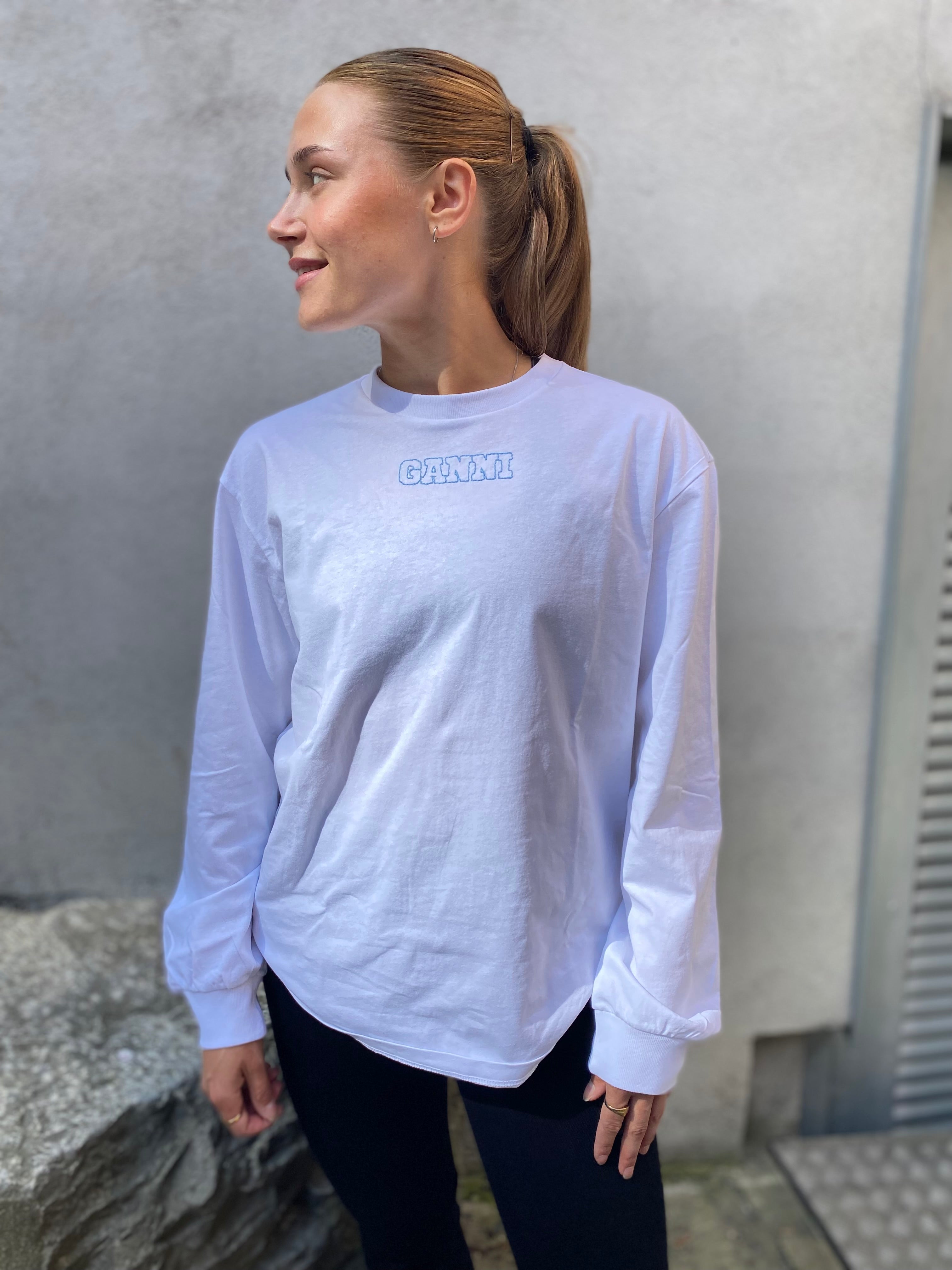 GANNI Future Heavy Jersey Rose Long Sleeve T-Shirt Bright White - hvittrad.no