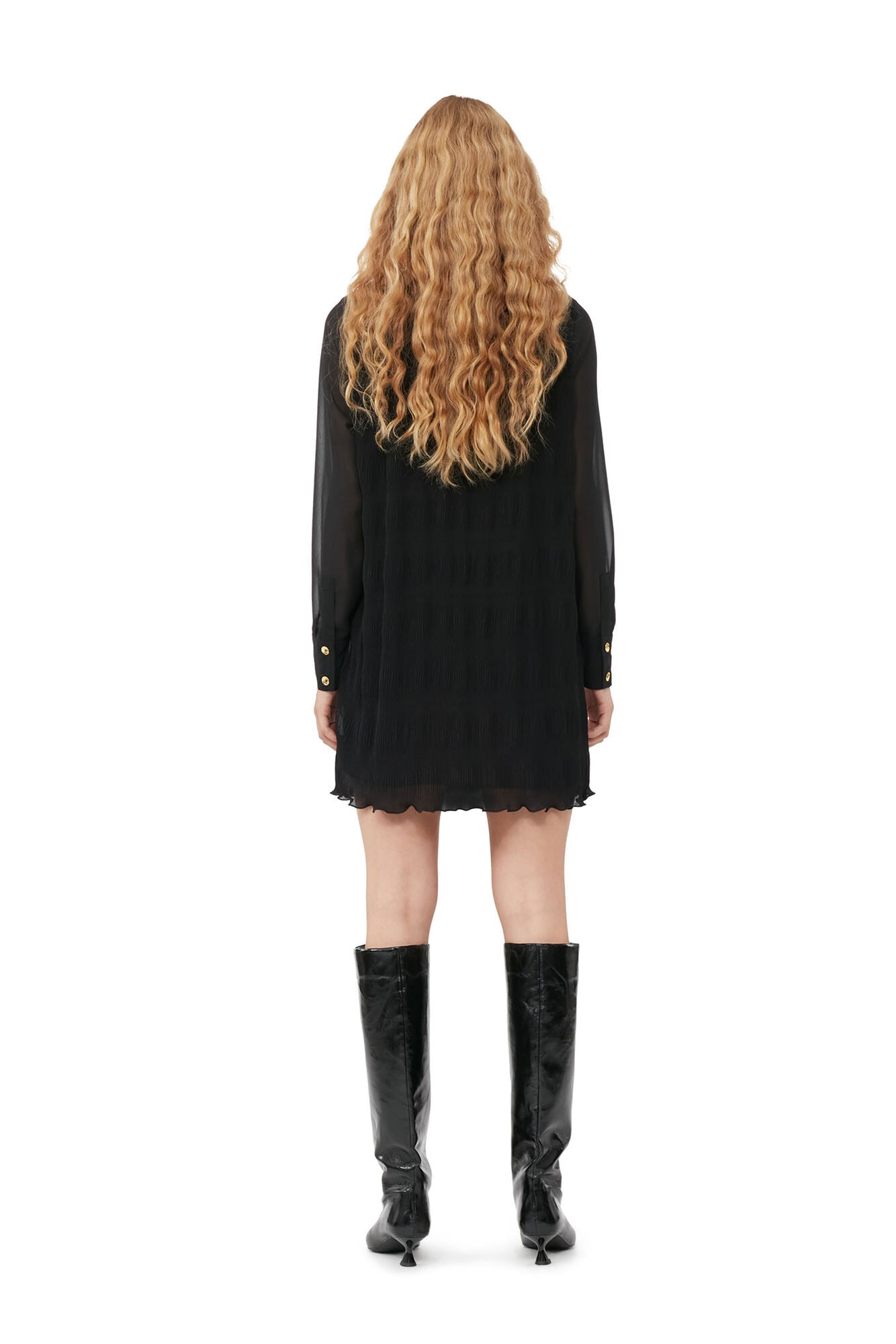 Pleated Georgette Shirt Dress Black