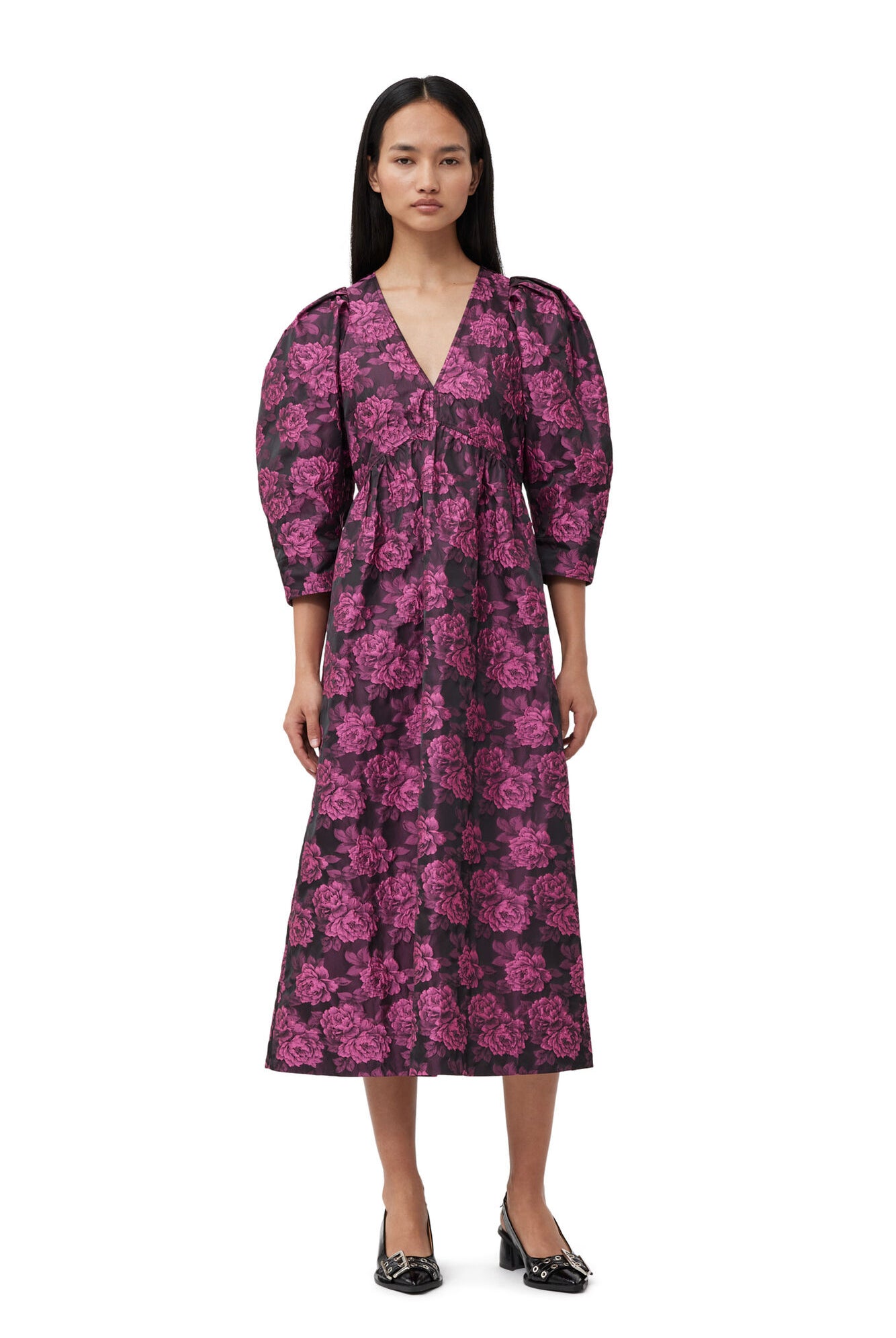 Ganni Botanical Jecquard V-Neck Midi Dress Cone Flower - hvittrad.no