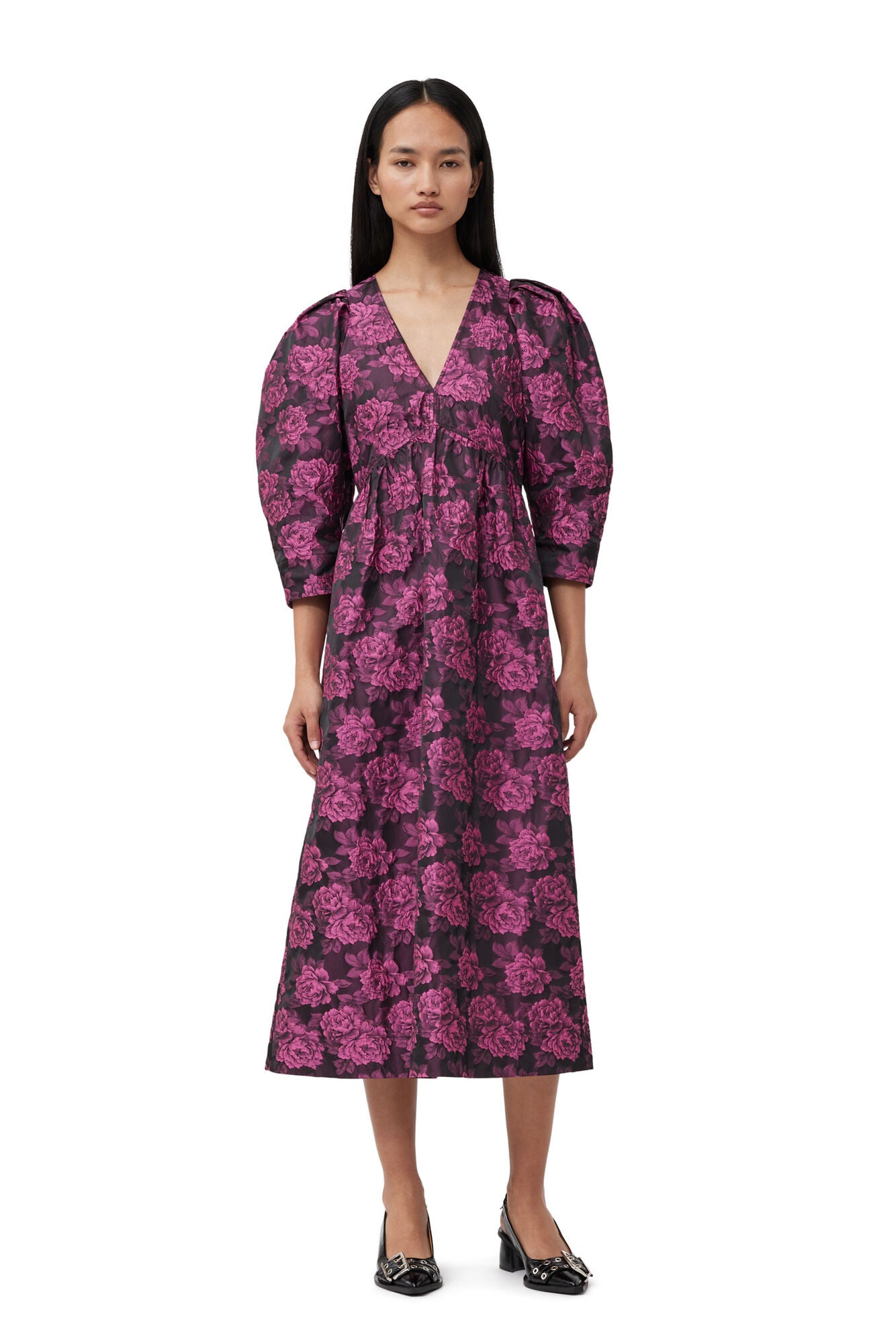 Ganni Botanical Jecquard V-Neck Midi Dress Cone Flower - hvittrad.no