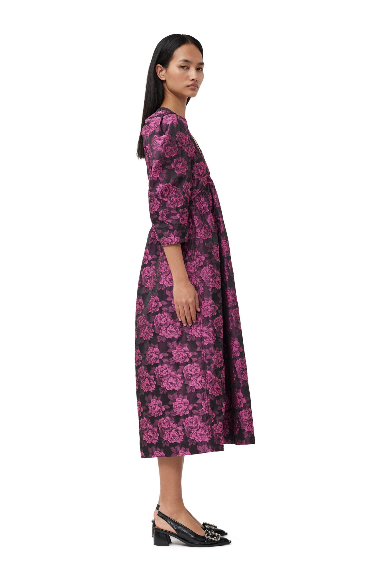 Ganni Botanical Jecquard V-Neck Midi Dress Cone Flower - hvittrad.no