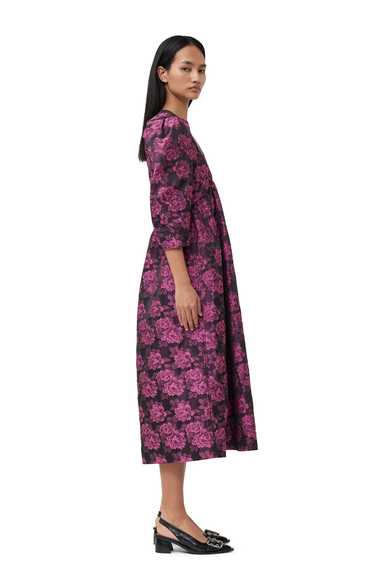 Ganni Botanical Jecquard V-Neck Midi Dress Cone Flower - hvittrad.no