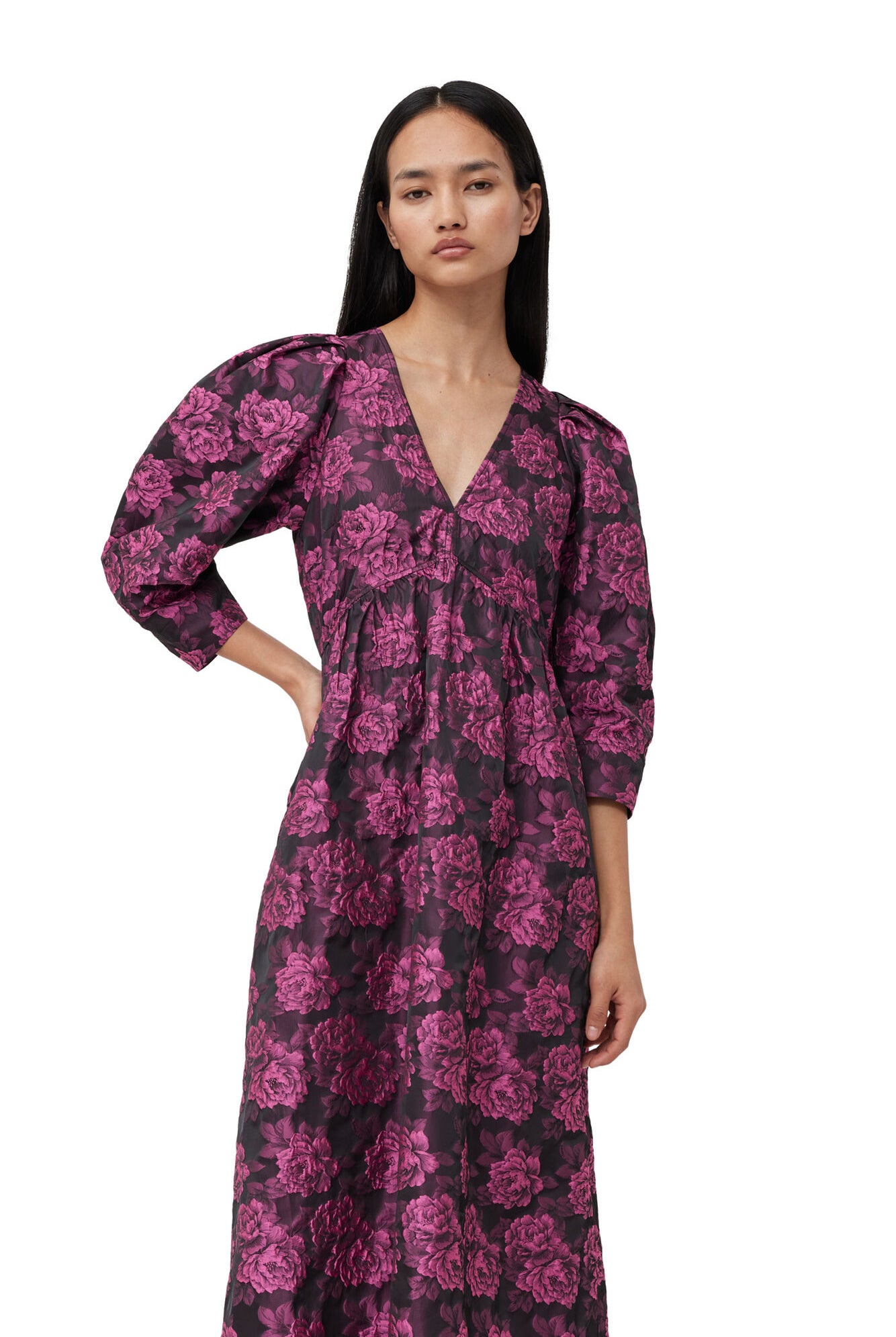 Ganni Botanical Jecquard V-Neck Midi Dress Cone Flower - hvittrad.no