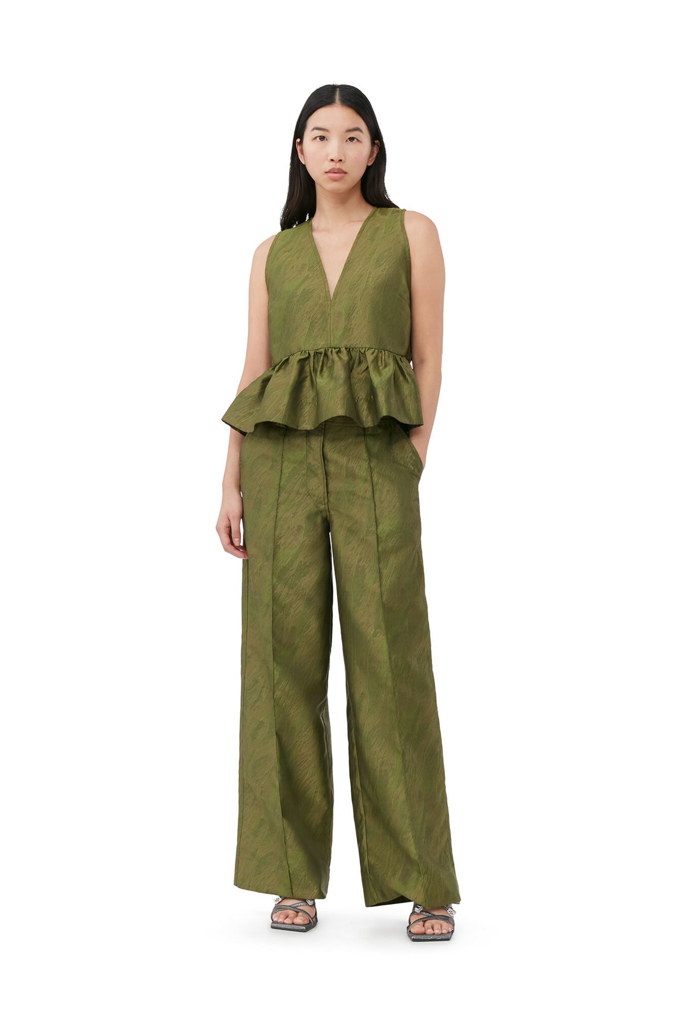 Shiny Jacquard Peplum Top Avocado