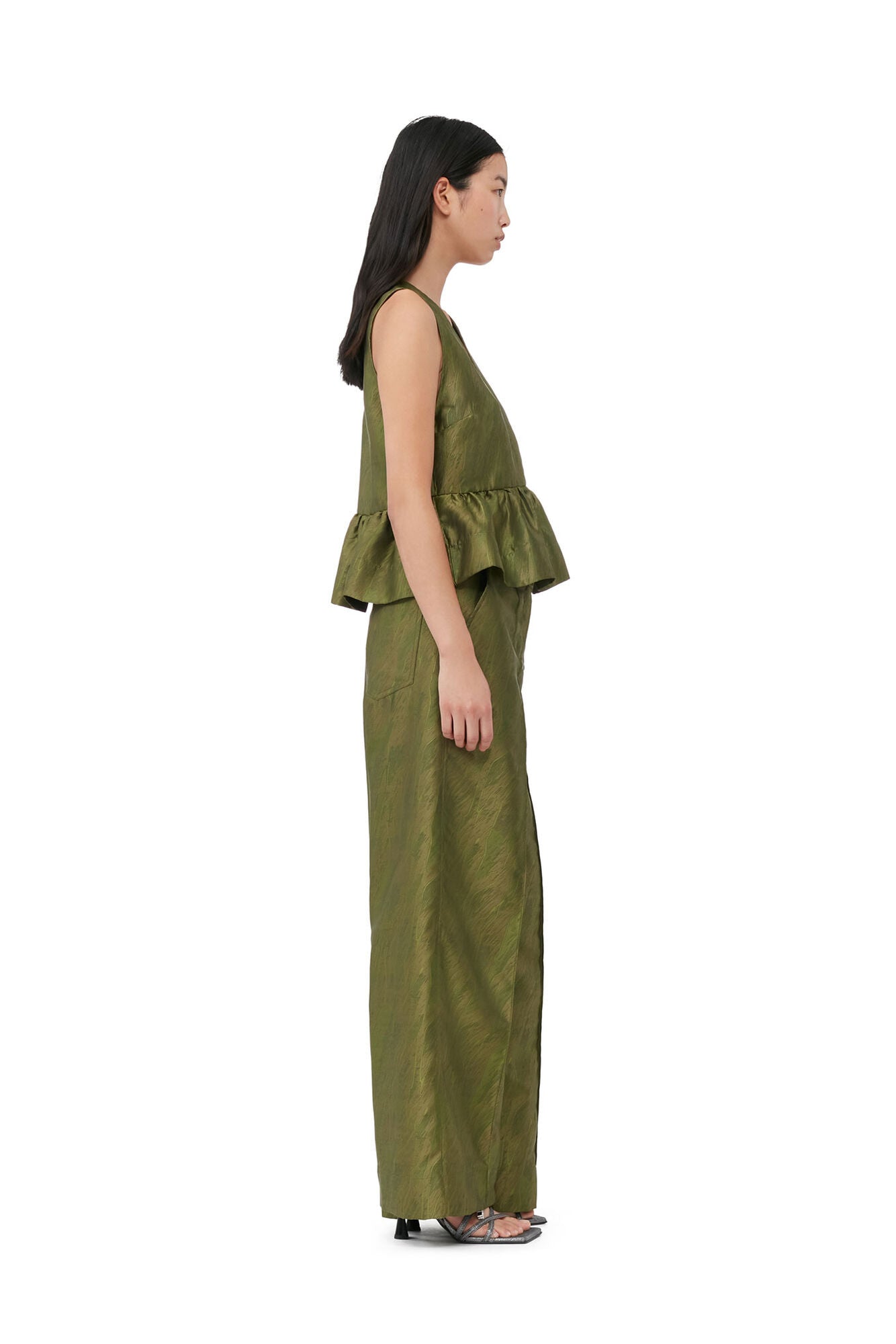 Shiny Jacquard Peplum Top Avocado