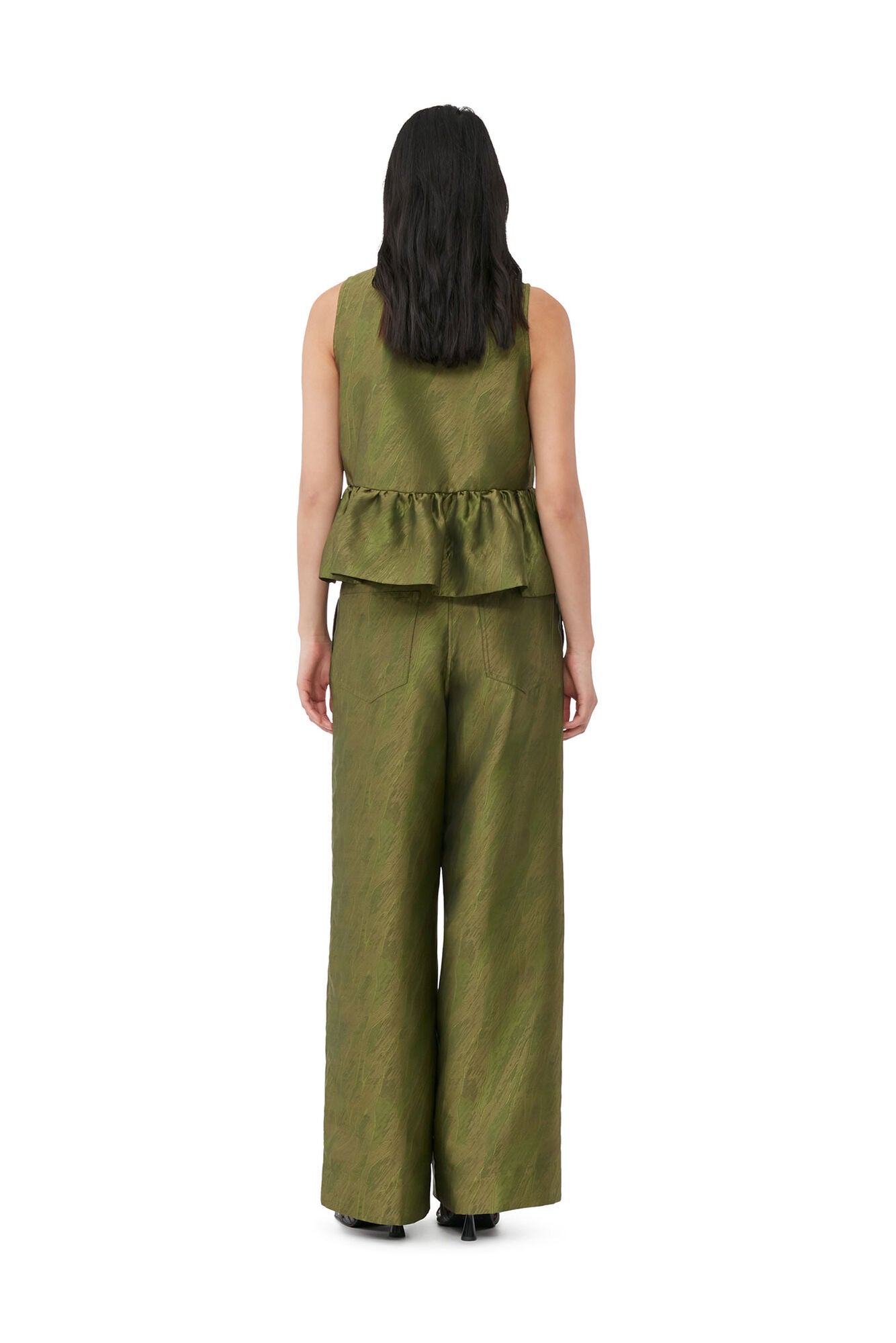 Shiny Jacquard Peplum Top Avocado