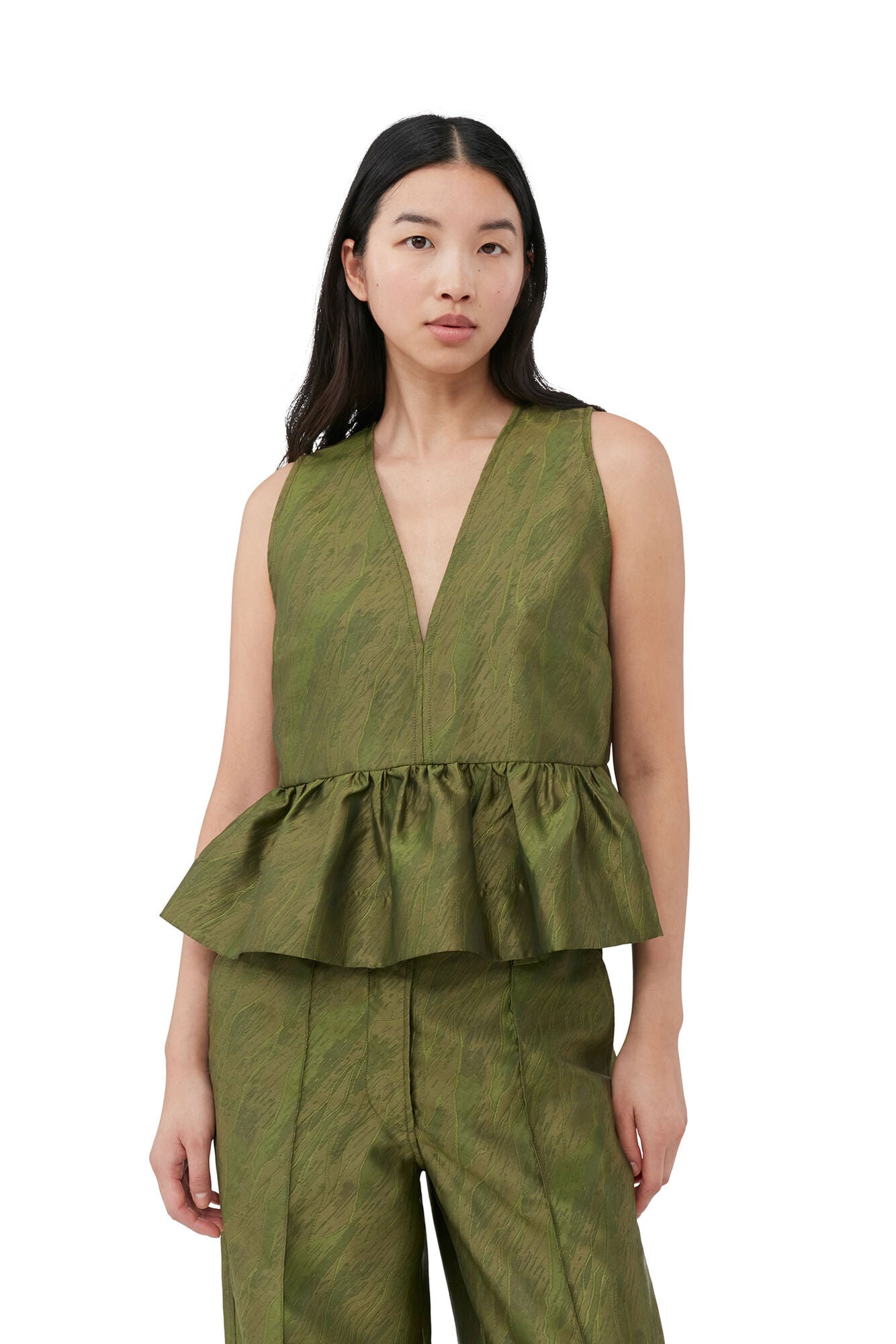 Shiny Jacquard Peplum Top Avocado