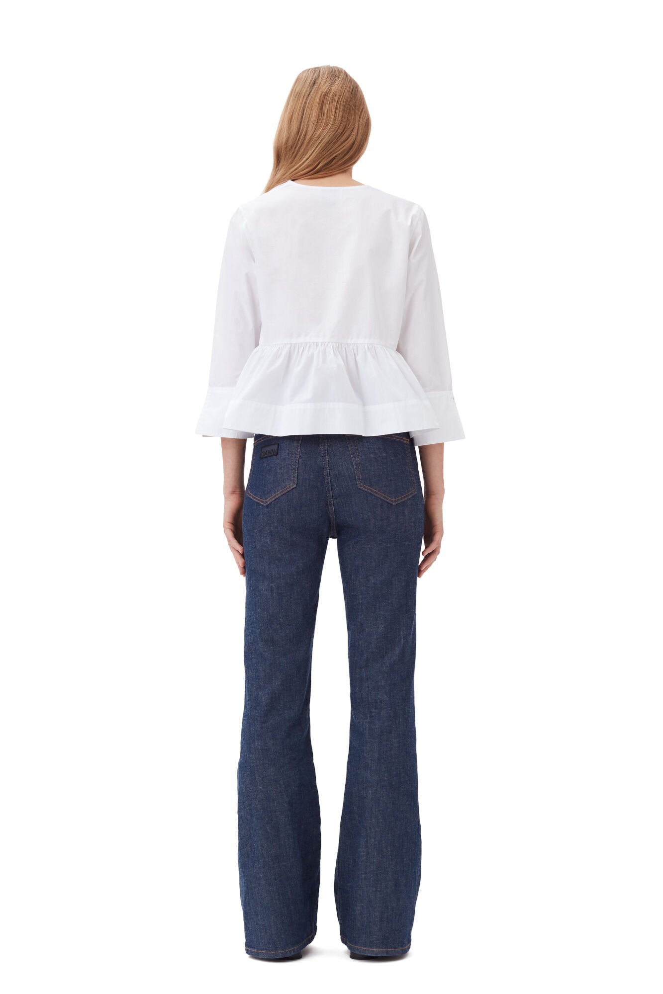 Ganni Cotton Poplin Tie String Peplum Blouse Bright White - hvittrad.no