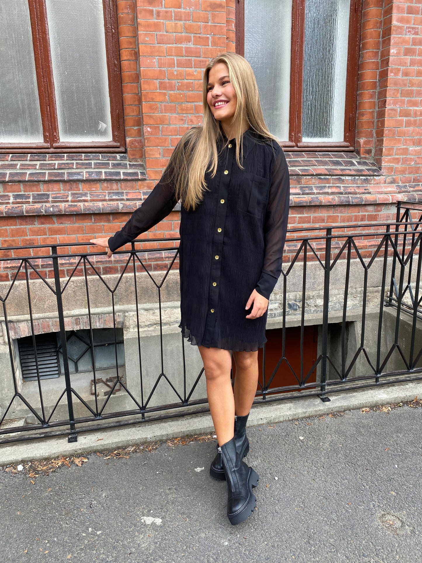 Pleated Georgette Shirt Dress Black