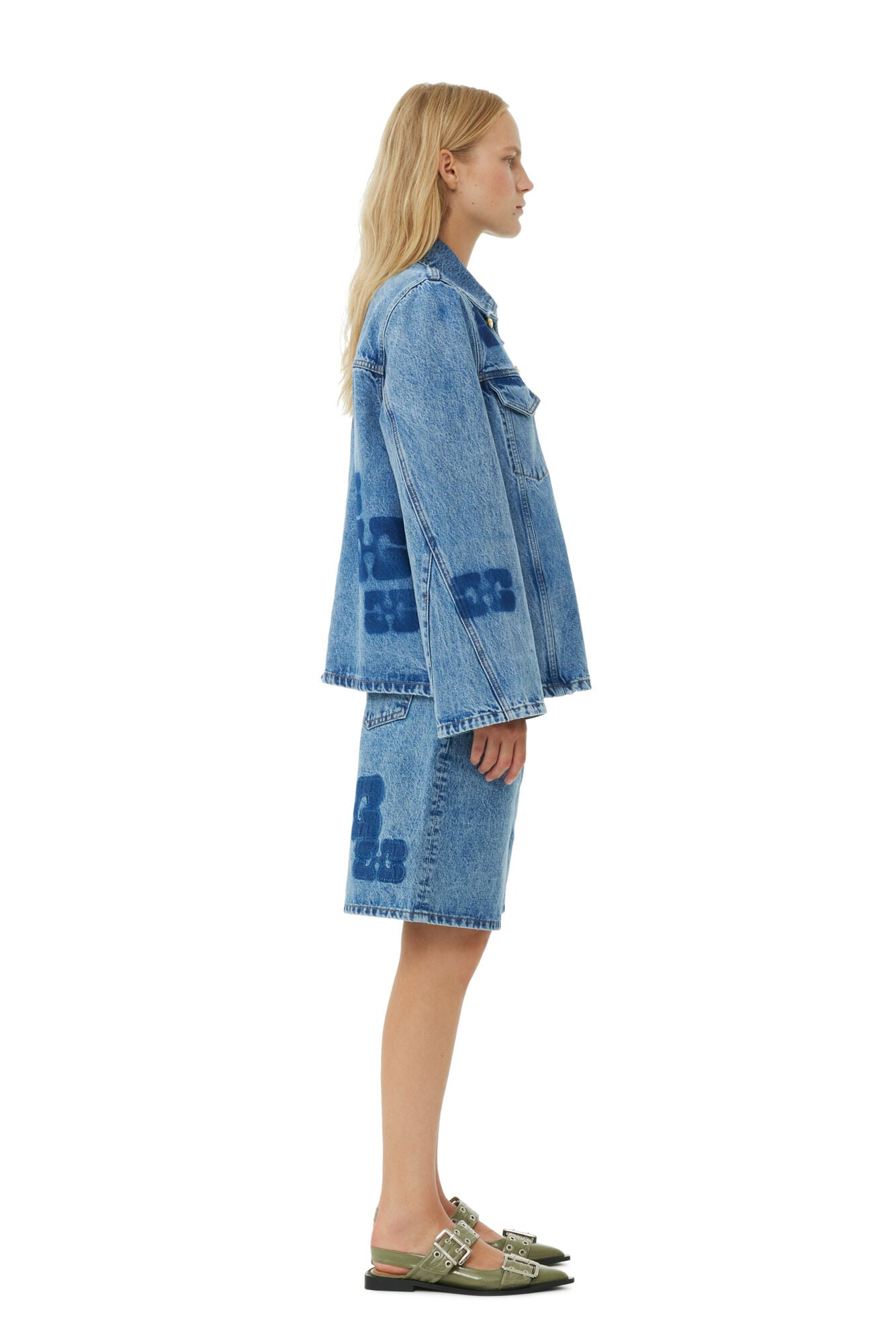 Ganni Patch Denim Jacket Mid Blue Stone - hvittrad.no