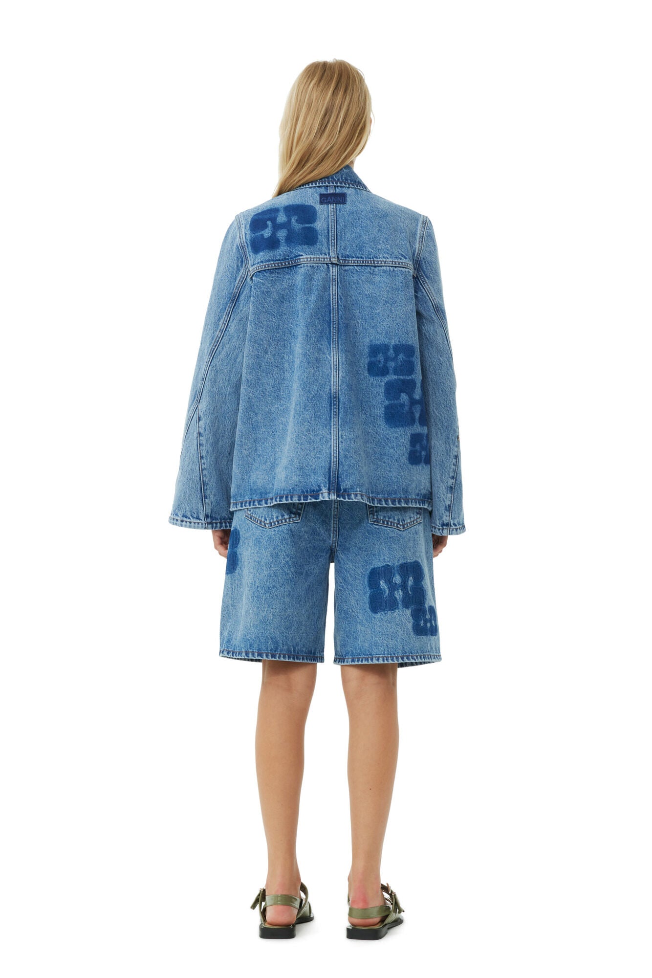 Ganni Patch Denim Jacket Mid Blue Stone - hvittrad.no