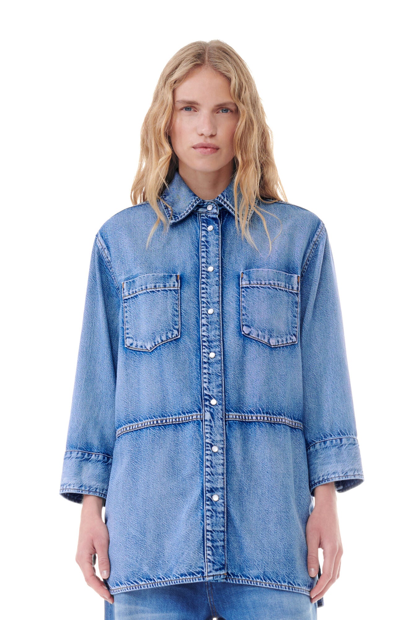 Ganni Light Denim Oversized Shirt Mid Blue Vintage - hvittrad.no