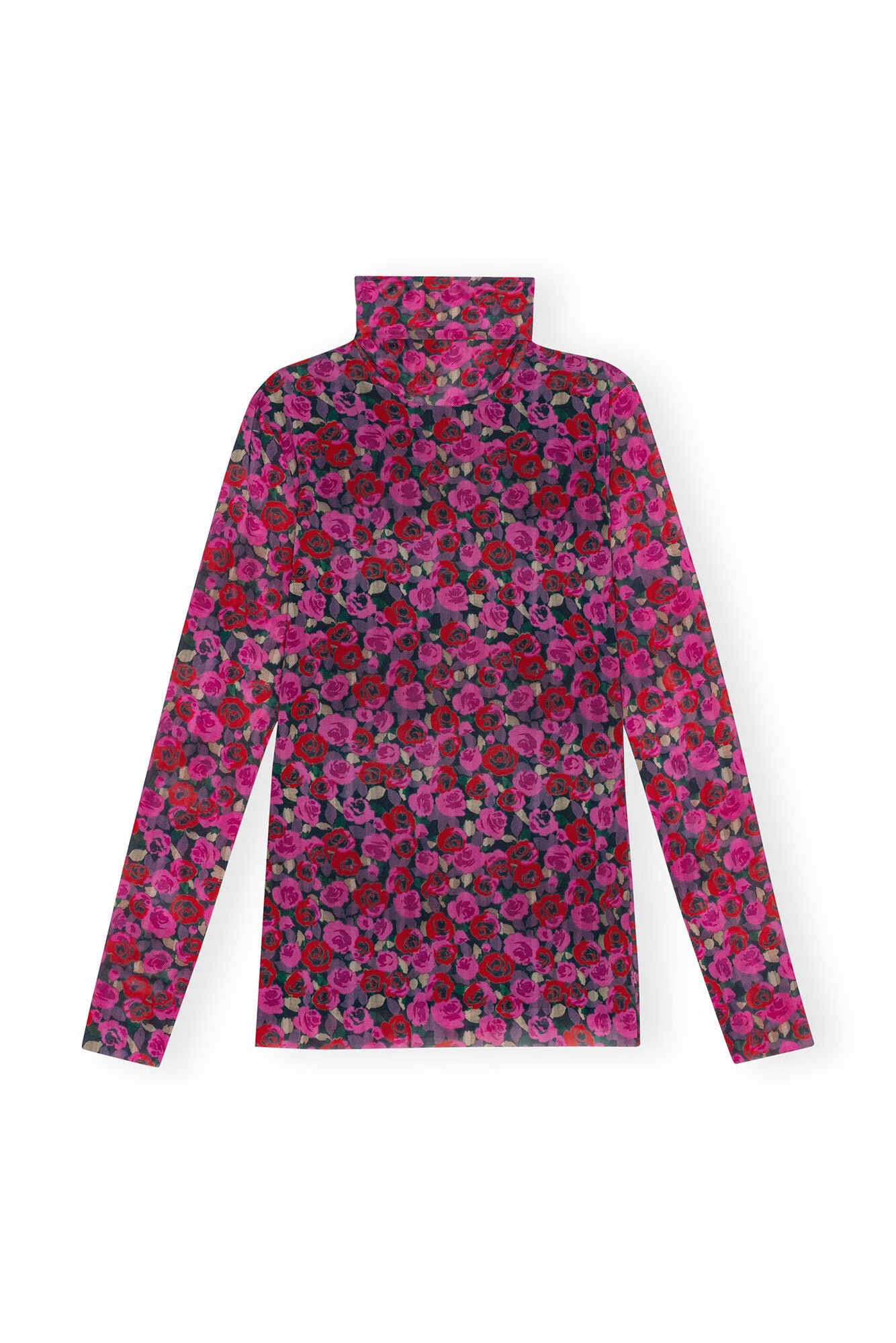 Ganni Printed Mesh Long Sleeve Rollneck Fiji Flower - hvittrad.no