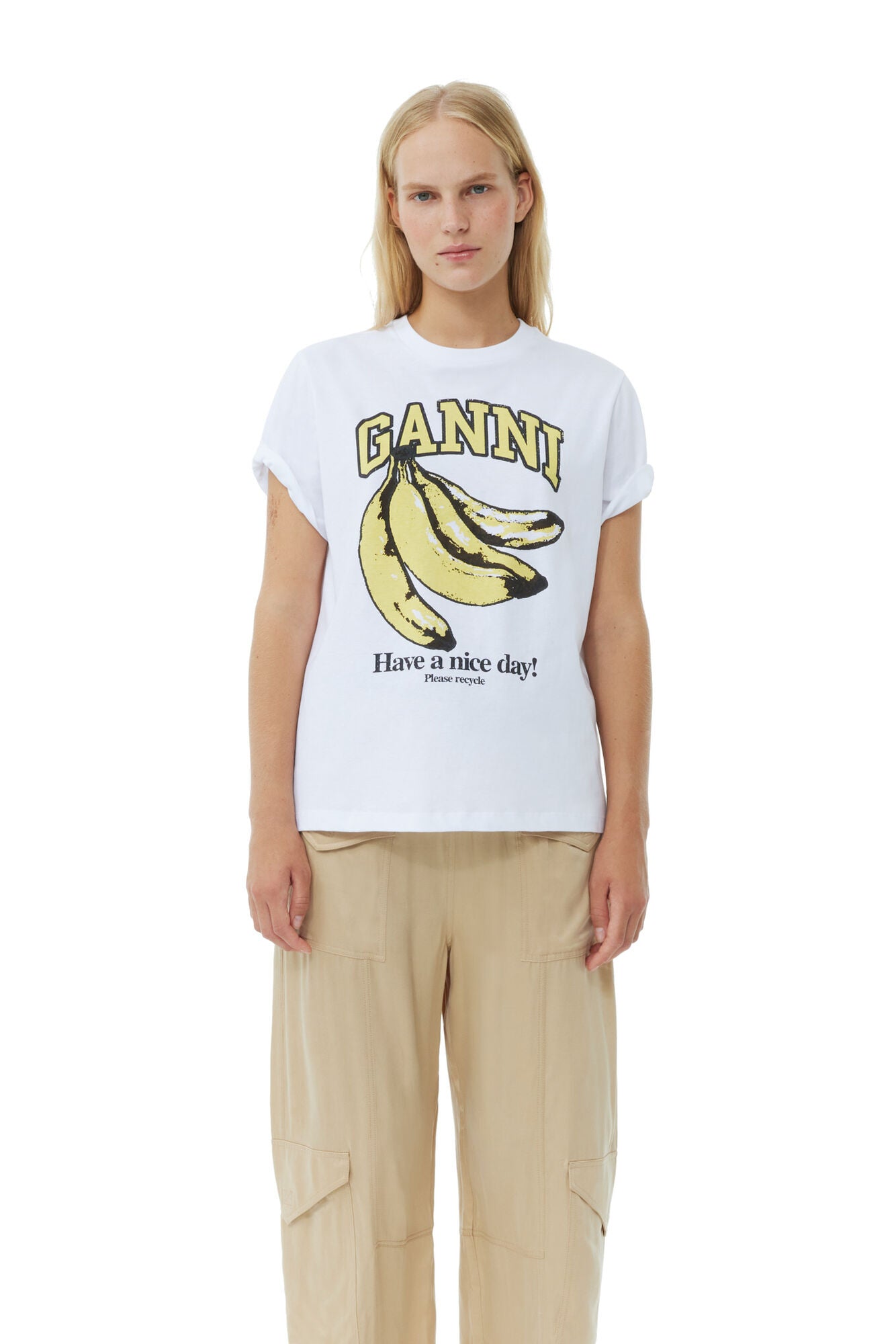 Ganni Basic Jersey Banana Relaxed T-Shirt Bright White - hvittrad.no
