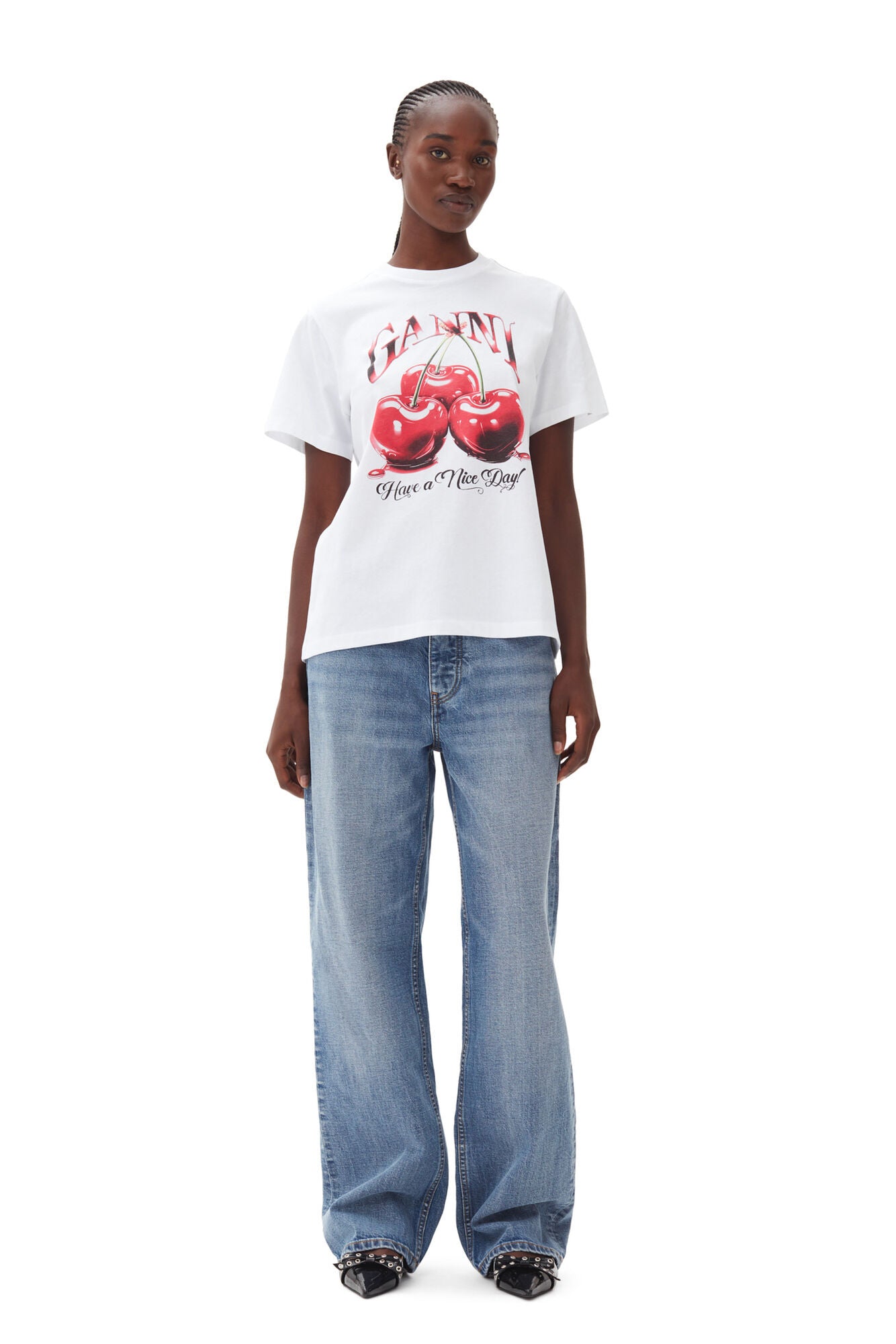 GANNI Basic Jersey Cherry Relaxed T-shirt Bright White - hvittrad.no