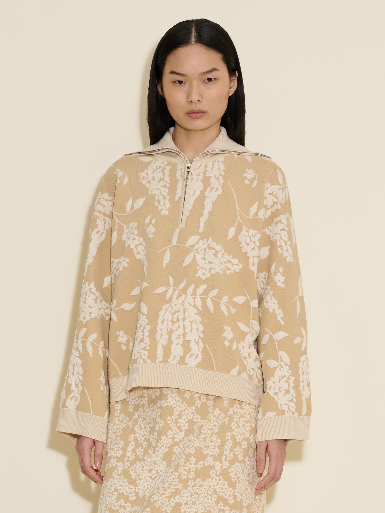 Holzweiler Tine Jacquard Half Zip Beige Mix - hvittrad.no