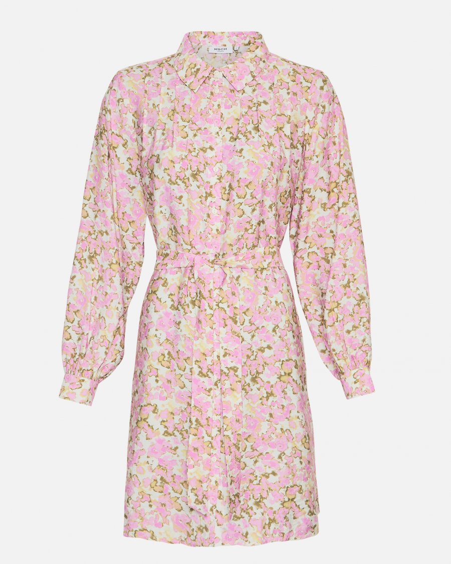 MSCH Copenhagen Nathalina Ladonna Shirt Dress AOP Vio Tulle Flower - hvittrad.no