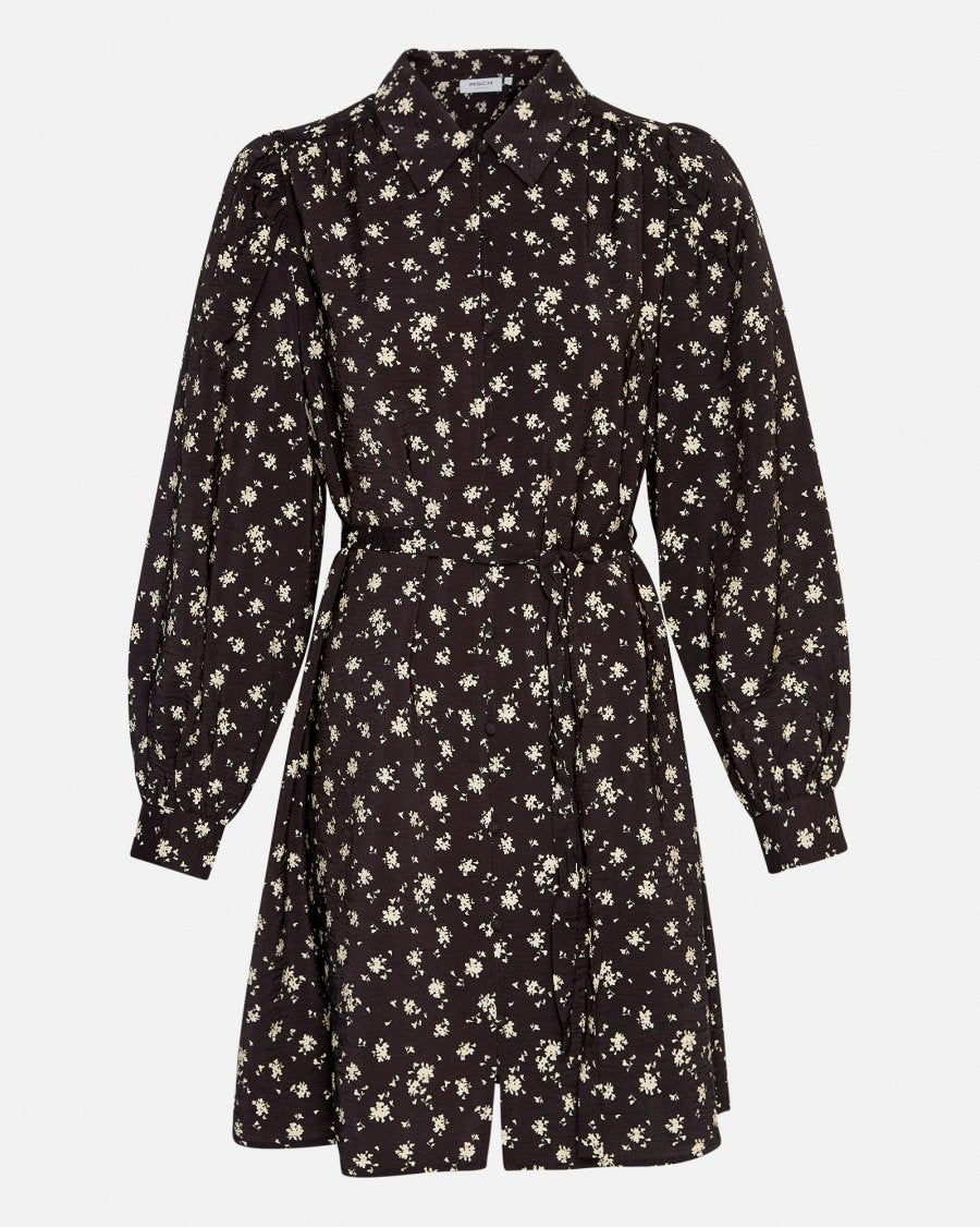 MSCH Copenhagen Nathasia Ladonna Shirt Dress AOP Black Flower - hvittrad.no