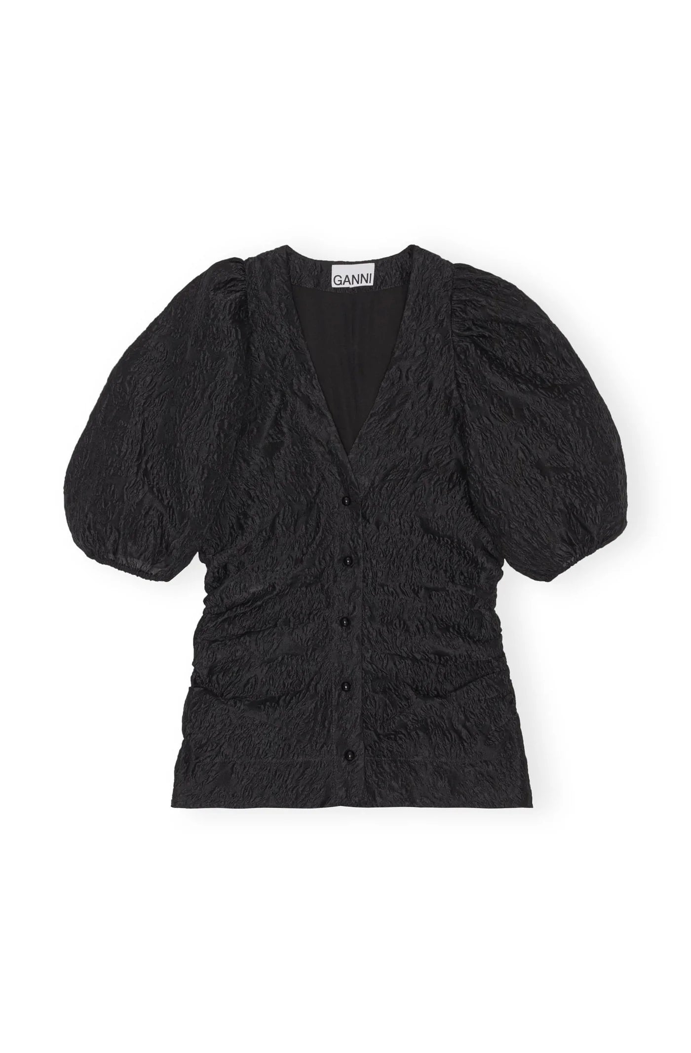 Jacquard Organza Gathered V-neck Blouse Black
