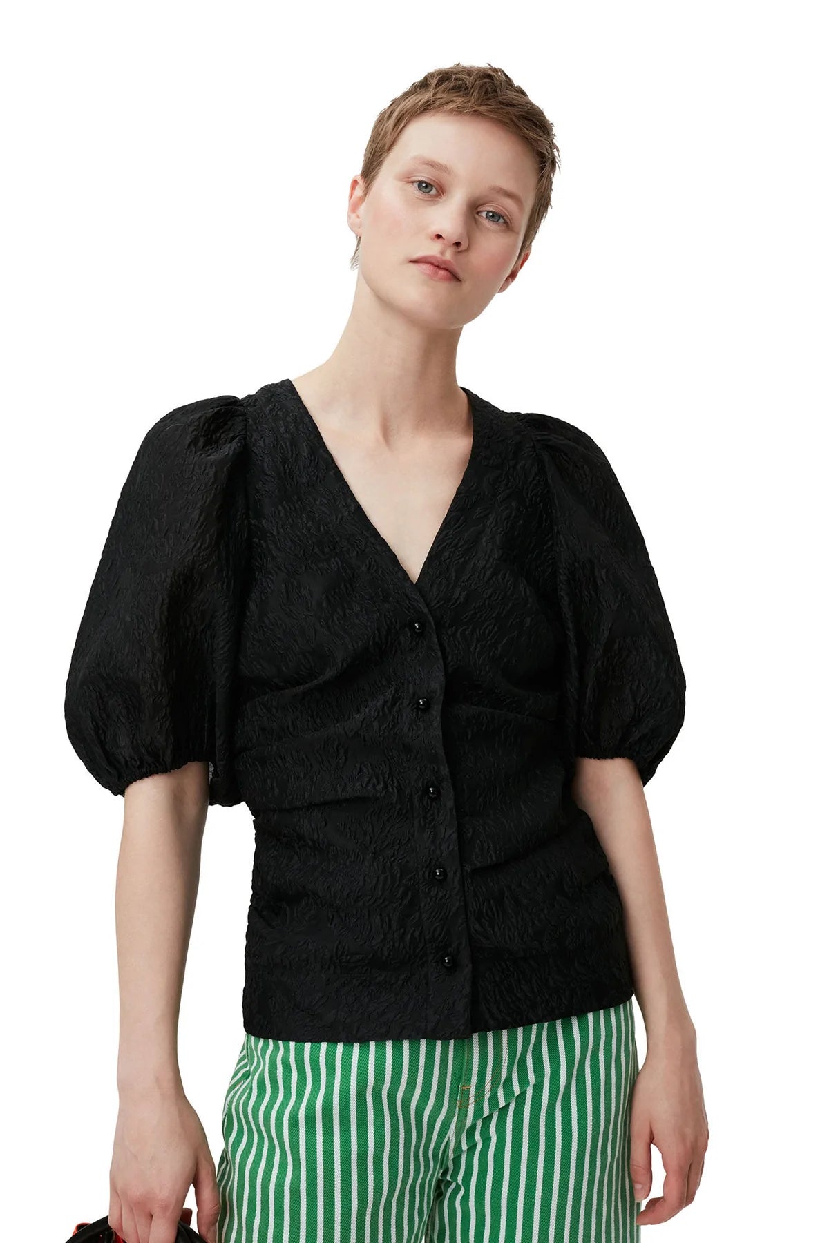 Jacquard Organza Gathered V-neck Blouse Black