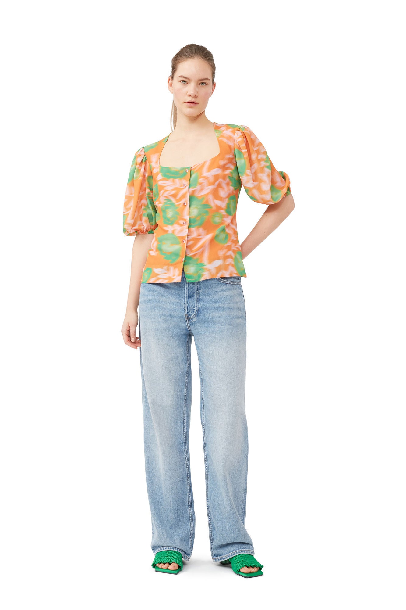 Printed Light Crepe Button Down Blouse Vibrant Orange