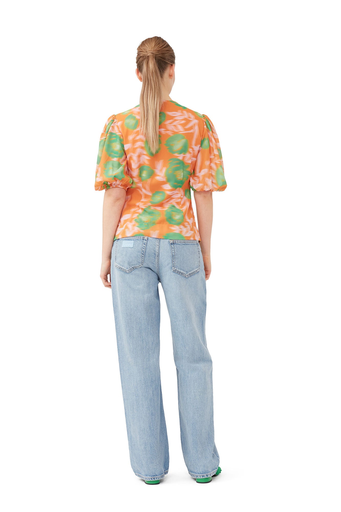 Printed Light Crepe Button Down Blouse Vibrant Orange