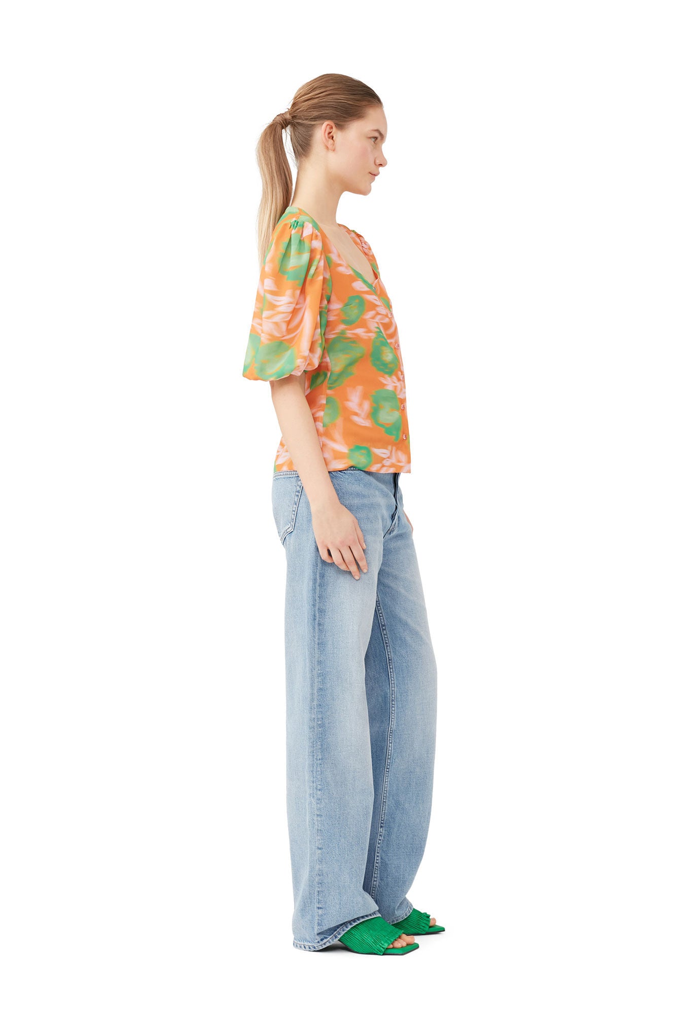 Printed Light Crepe Button Down Blouse Vibrant Orange