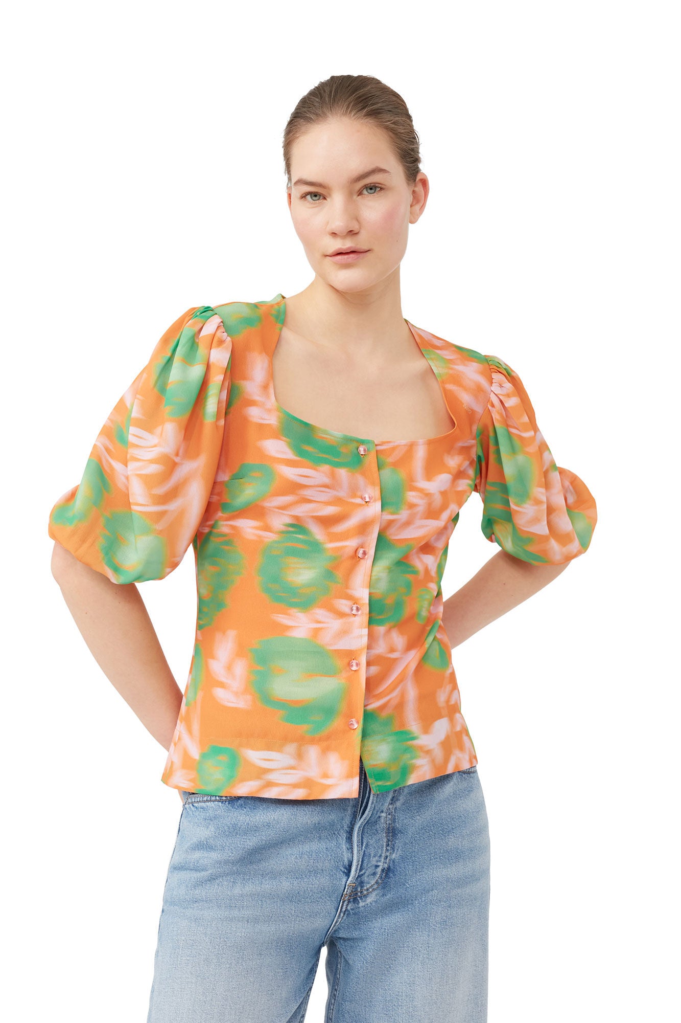 Printed Light Crepe Button Down Blouse Vibrant Orange