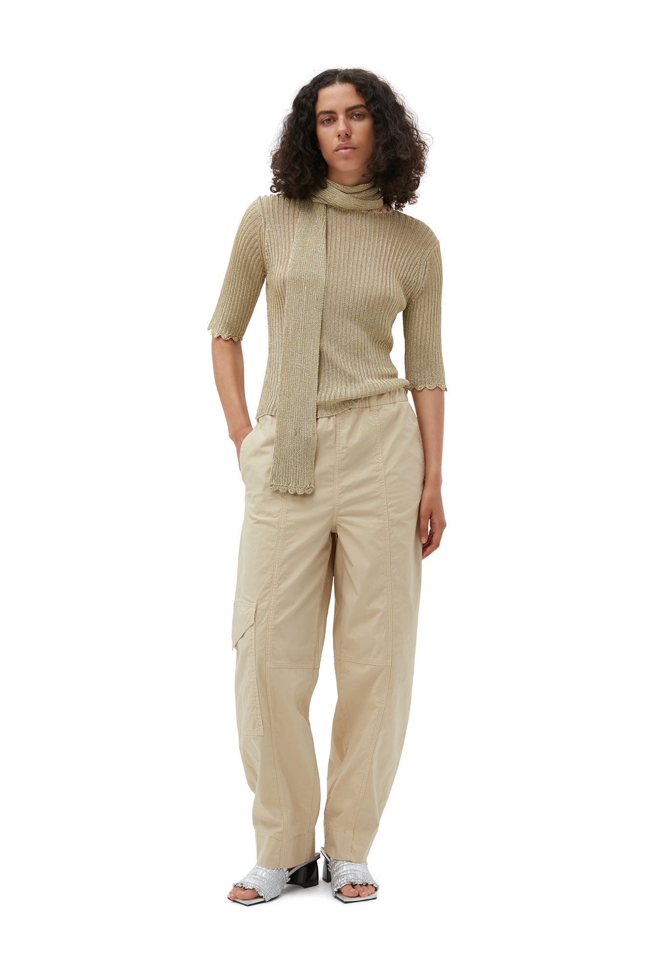 Washed Cotton Canvas Elasticated Curve Pants Pale Khaki