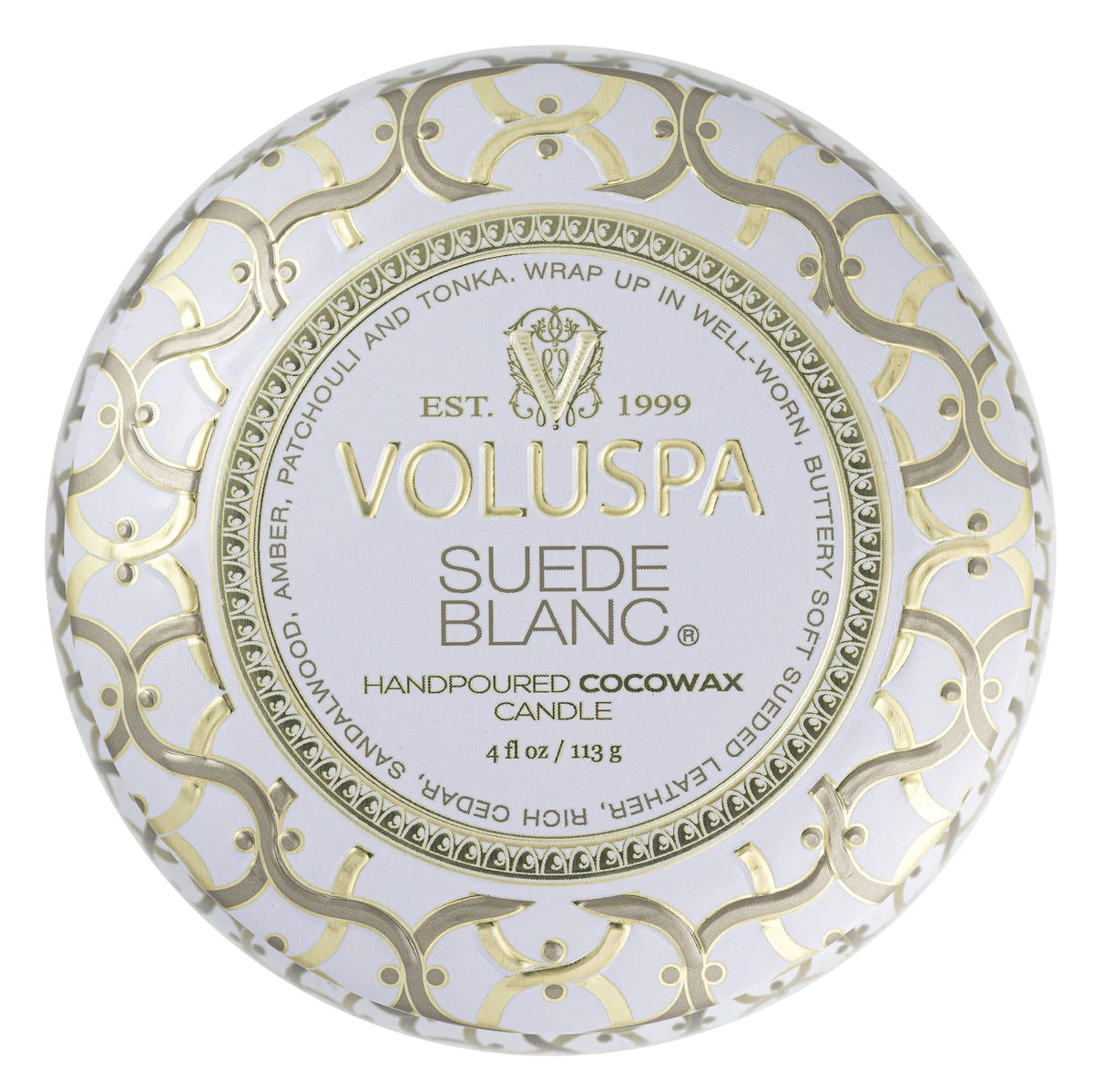 Mini Tin Candle – Suede Blanc 113g – hvit tråd