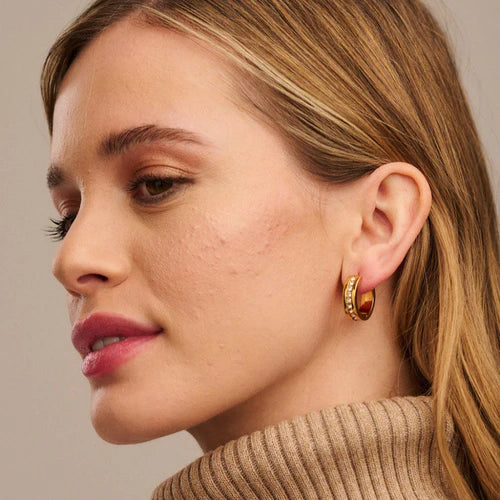 Crystal Inlay Mid Size Hoop Earrings w/Swarowski Crystals Gold