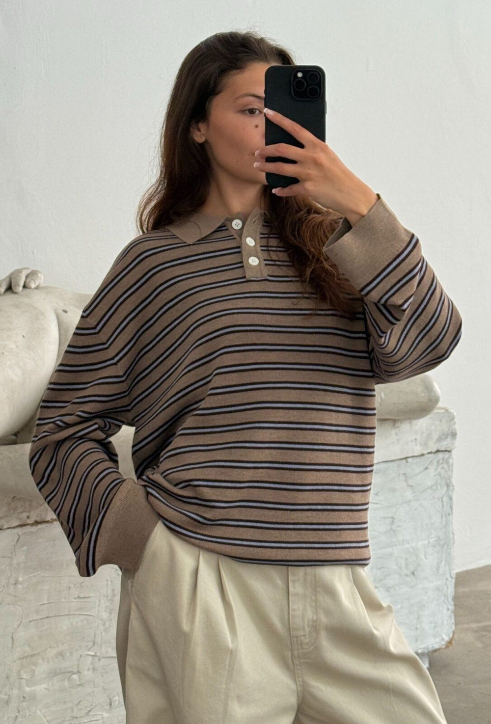 Adanne Polo Knit Stripe Beige/Bordeaux