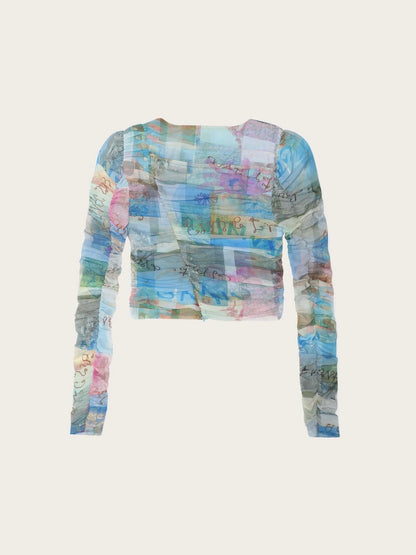 Printed Mesh Ruched Blouse Wild Orchid