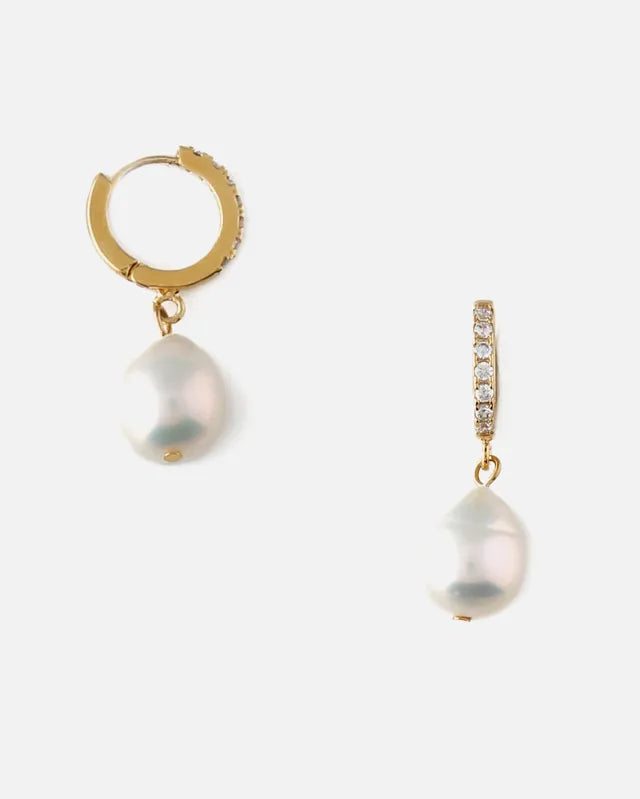 Pearl Drop Pave Hoop Earrings Gold