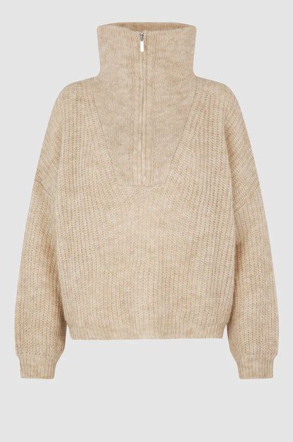 Second Female Lusinda Knit T-Neck Zip Moonbeam - hvittrad.no