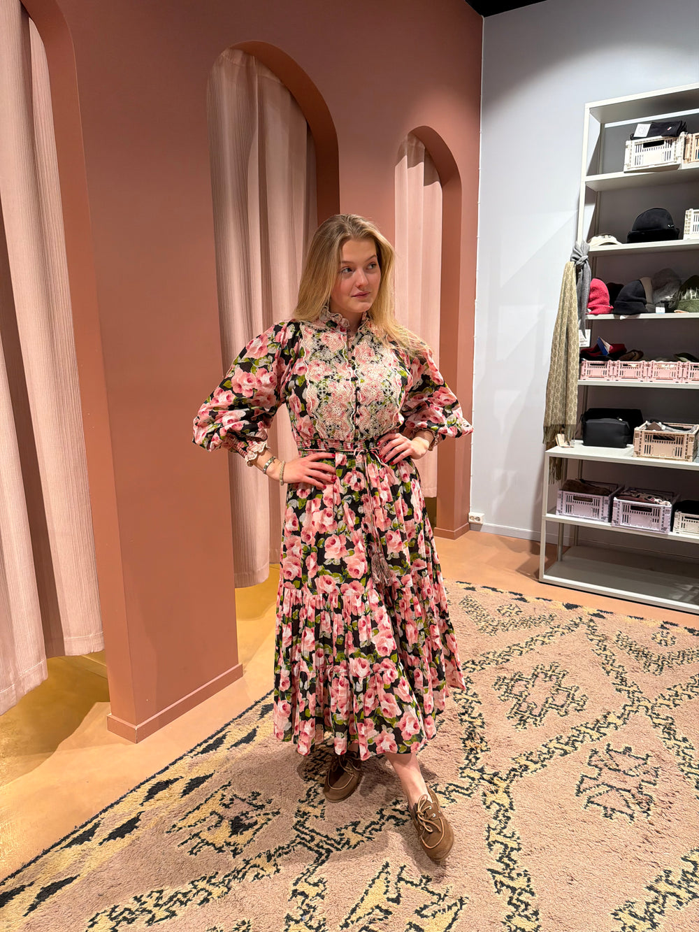 Cotton Slub Midi Dress Rose Bouquet