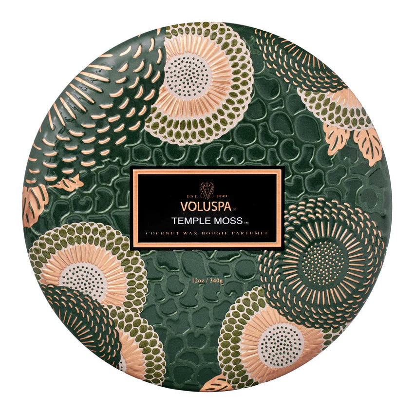 Voluspa 3 Wick Tin Candle - Temple Moss 340g - hvittrad.no