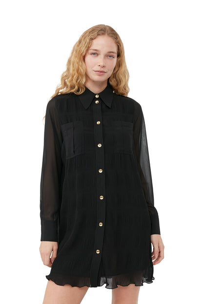 Pleated Georgette Shirt Dress Black