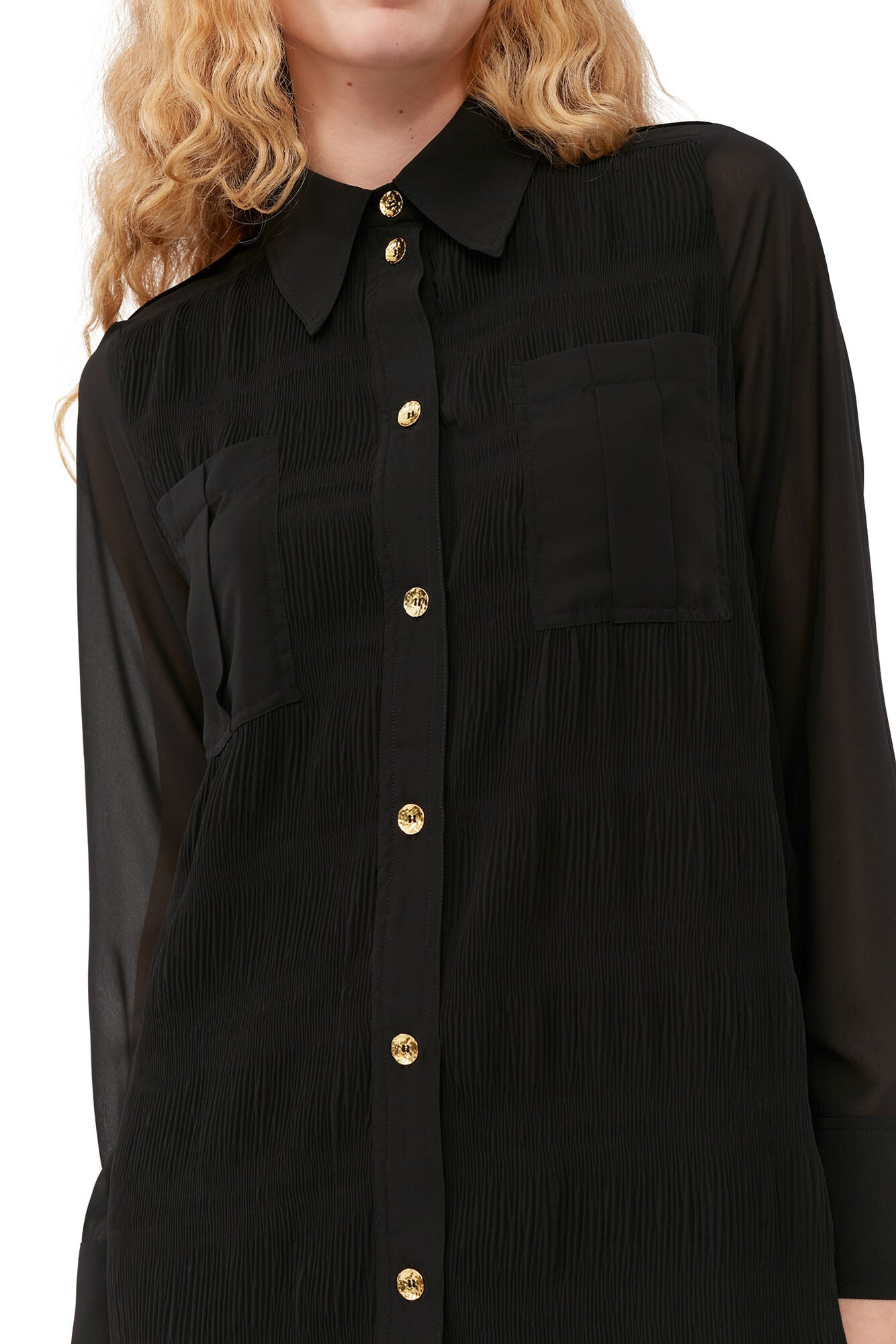Pleated Georgette Shirt Dress Black