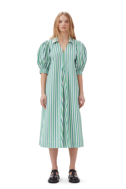 Ganni Stripe Cotton Collar Long Dress Creme De Menthe - hvittrad.no