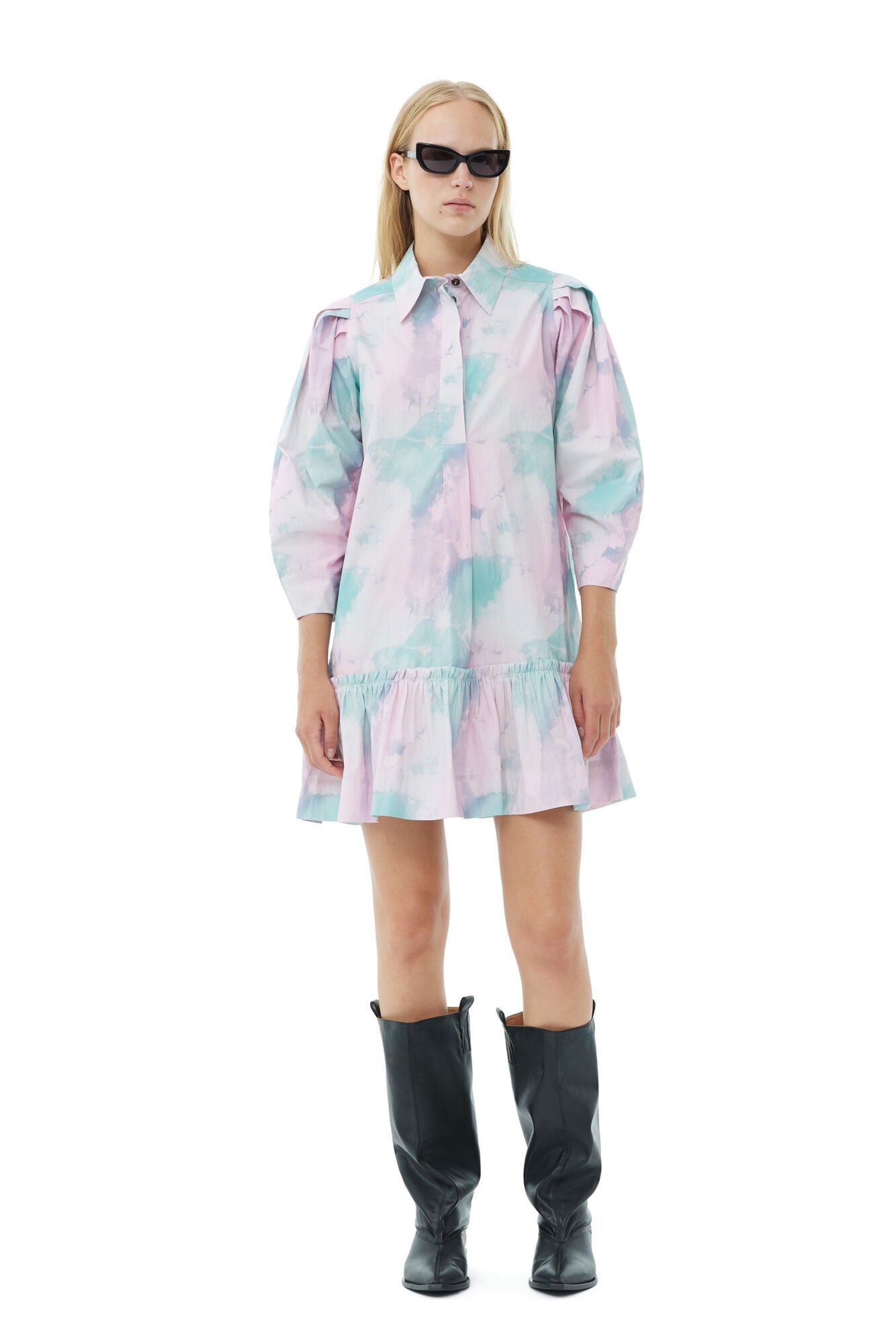 Ganni Printed Cotton Mini Shirt Dress Lilac Sachet - hvittrad.no