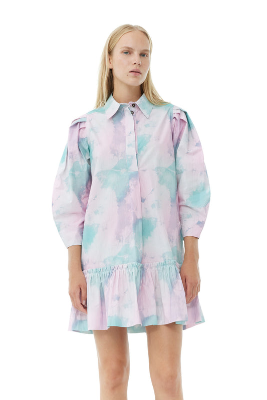 Ganni Printed Cotton Mini Shirt Dress Lilac Sachet - hvittrad.no