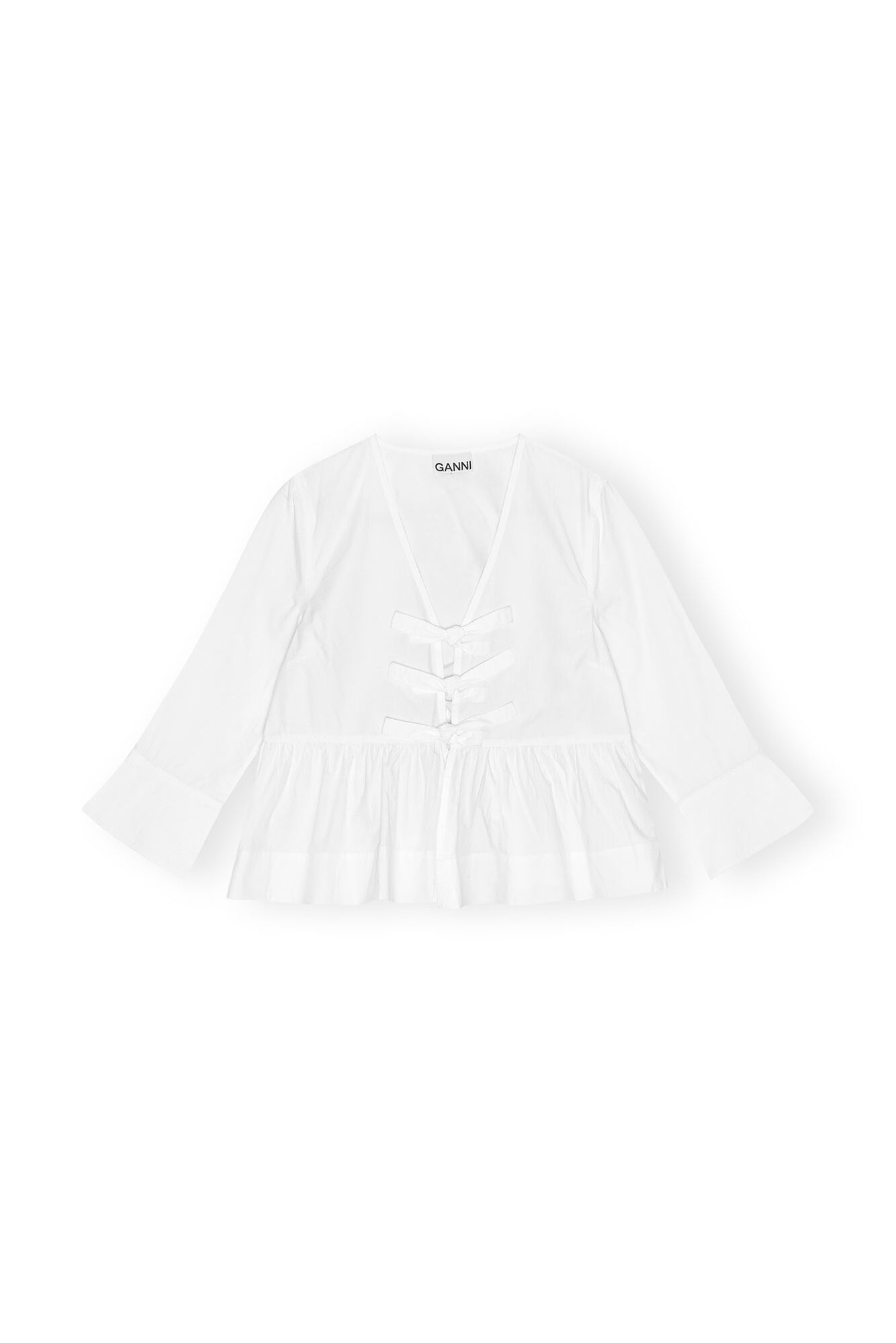 Ganni Cotton Poplin Tie String Peplum Blouse Bright White - hvittrad.no