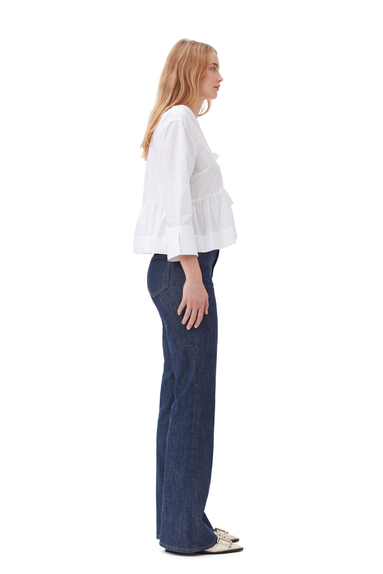 Ganni Cotton Poplin Tie String Peplum Blouse Bright White - hvittrad.no