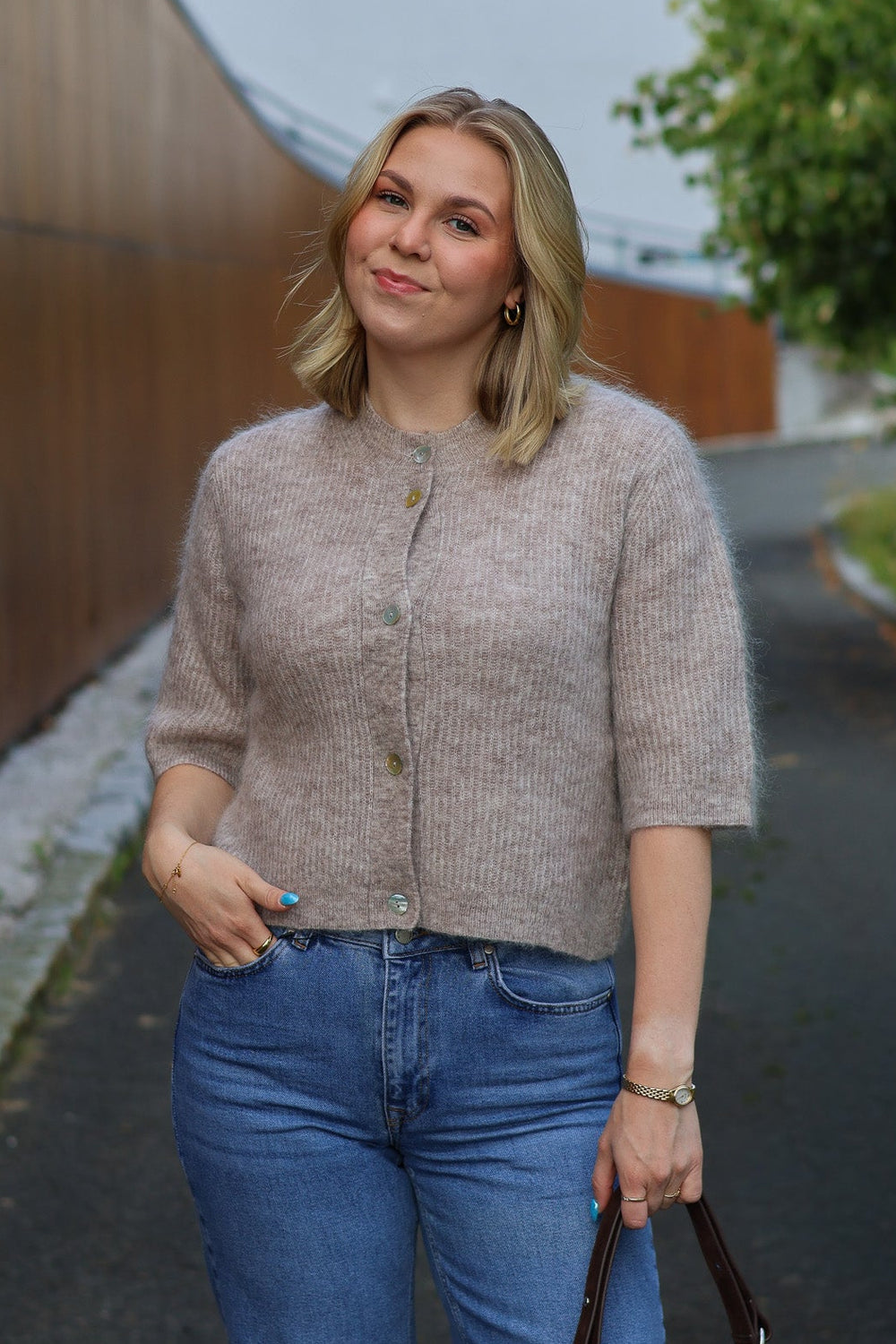 Andrea Knit Rib Cardigan Light Beige Melange