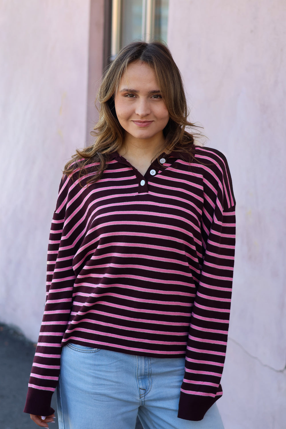 Adanne Polo Knit Stripe Bordeaux Pink