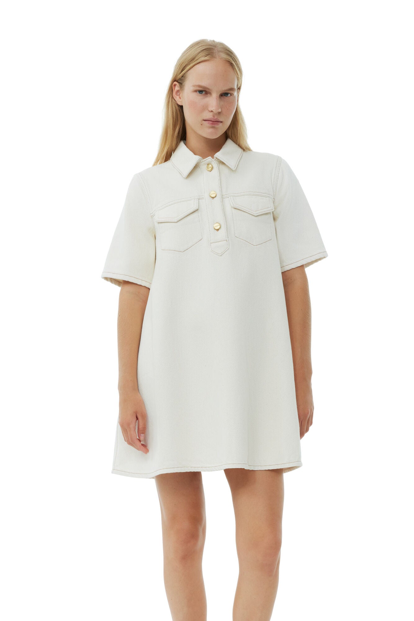 Ganni Heavy Denim Mini Dress Egret - hvittrad.no